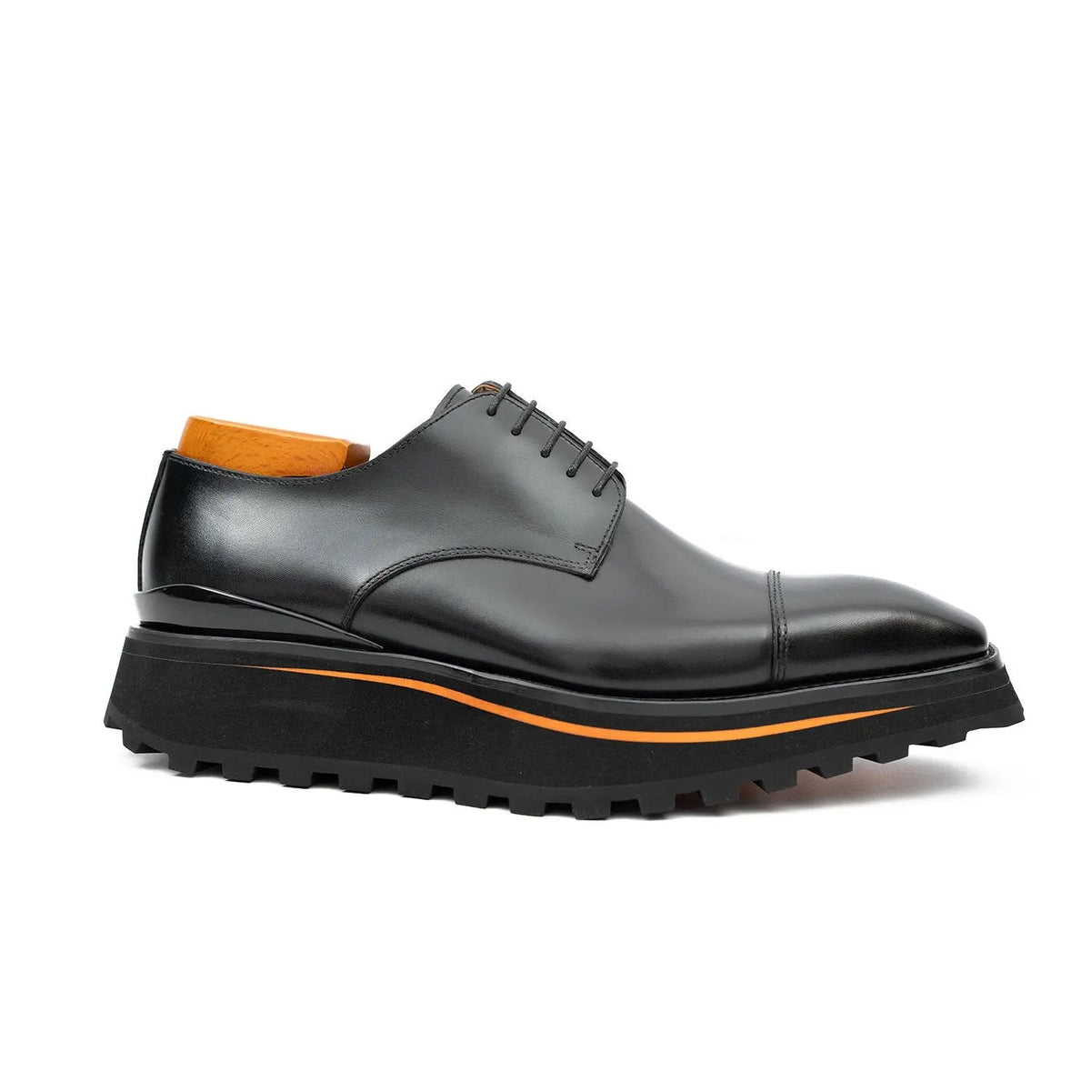 Black Cap-Toe Derby Shoes with Brown-Edge Lug Sole
