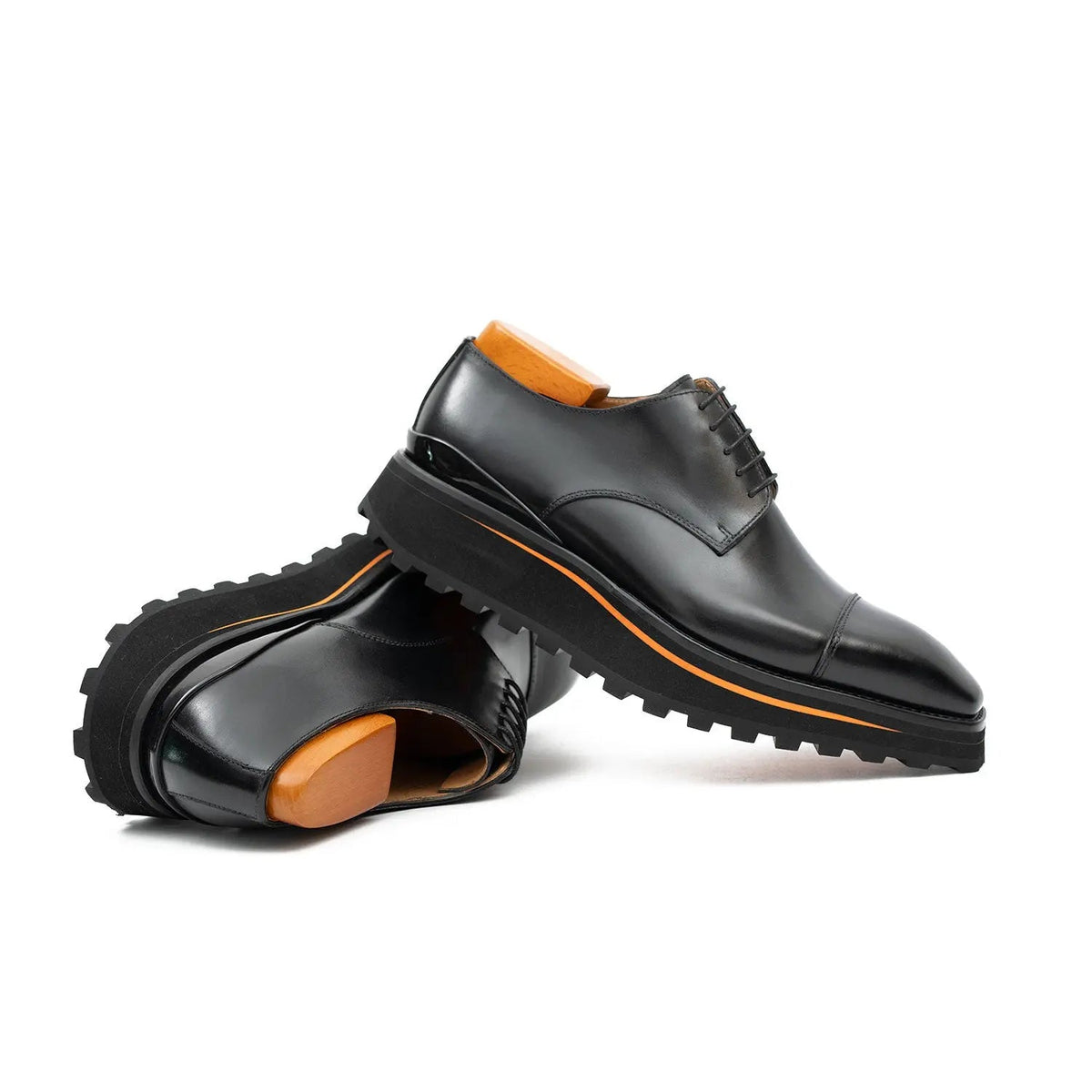 Black Cap-Toe Derby Shoes with Brown-Edge Lug Sole