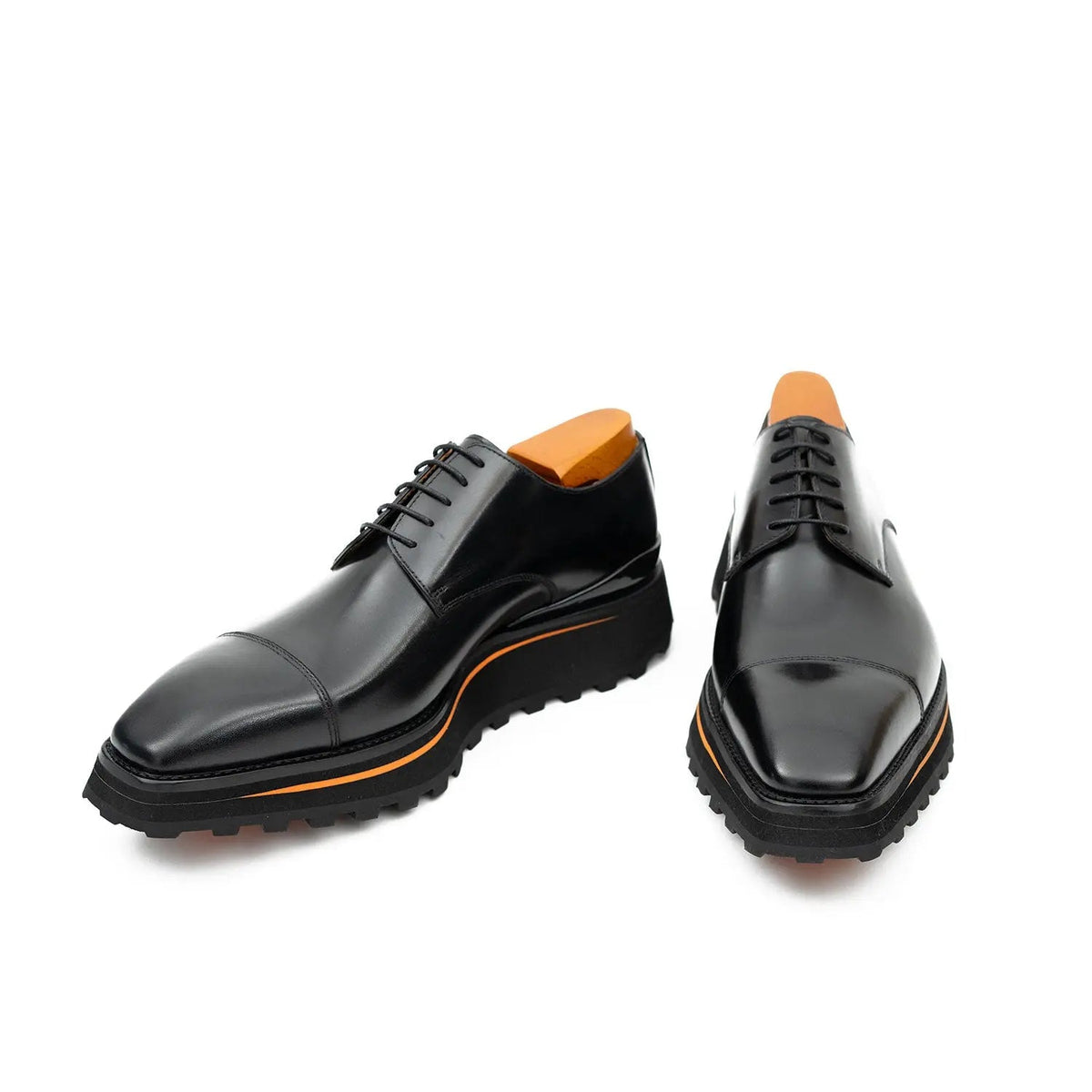 Black Cap-Toe Derby Shoes with Brown-Edge Lug Sole