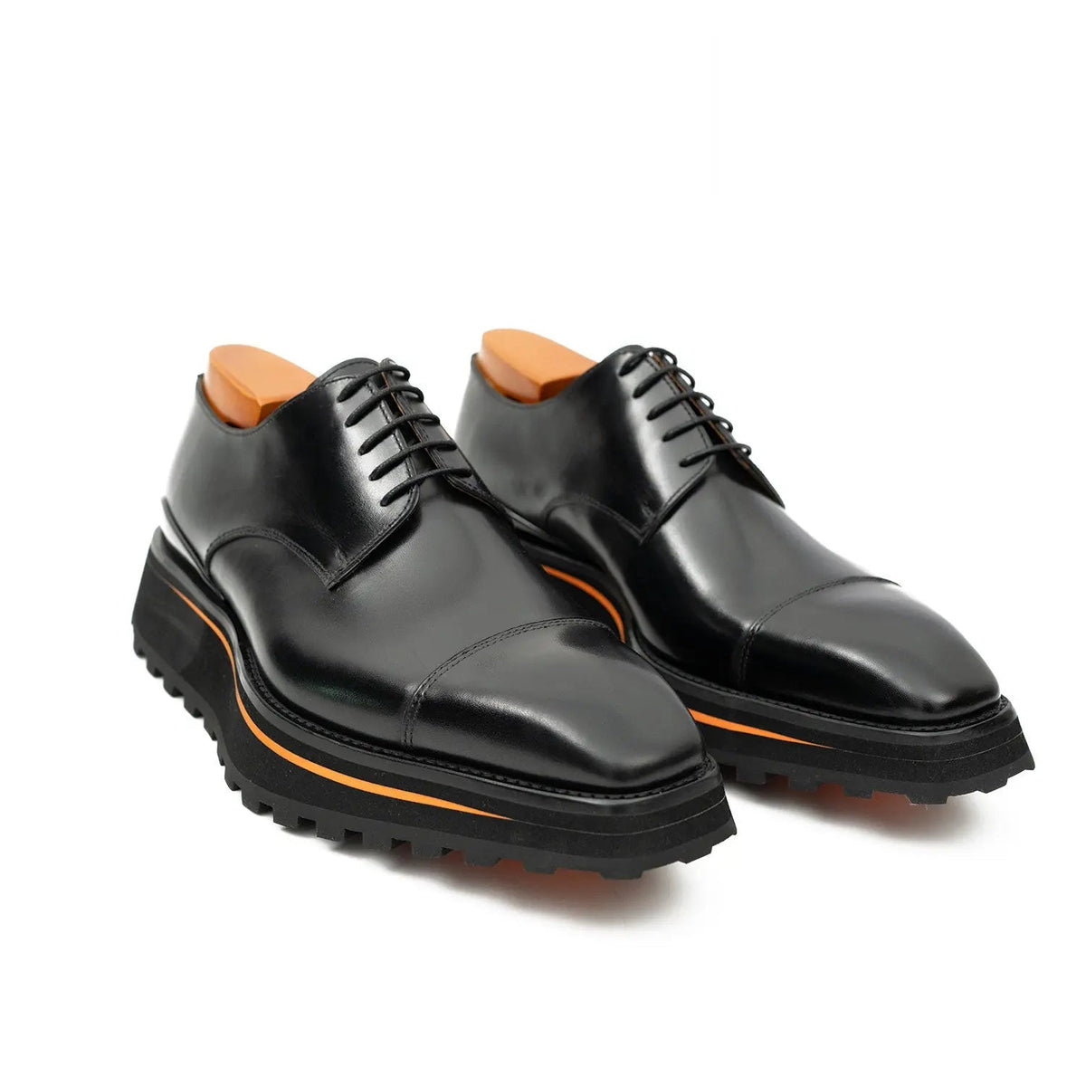 Black Cap-Toe Derby Shoes with Brown-Edge Lug Sole