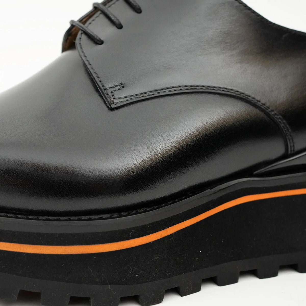 Black Cap-Toe Derby Shoes with Brown-Edge Lug Sole