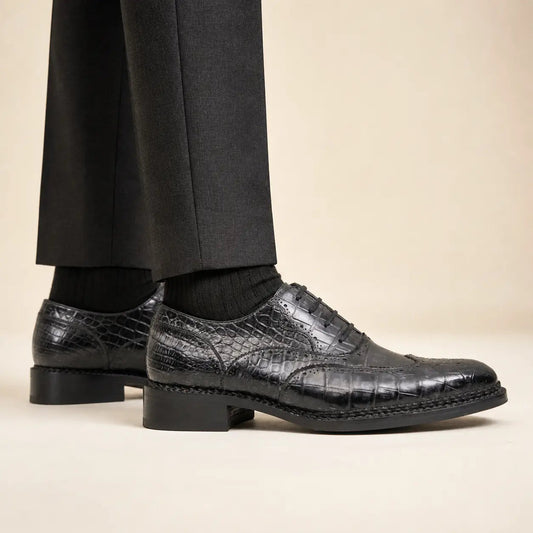 Charcoal Gray-Black Textured Lace-Up Dress Shoe
