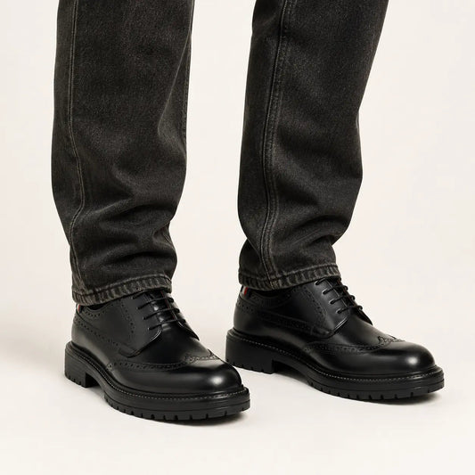 Black Polished Wingtip Derby Shoes with Tongue Tab