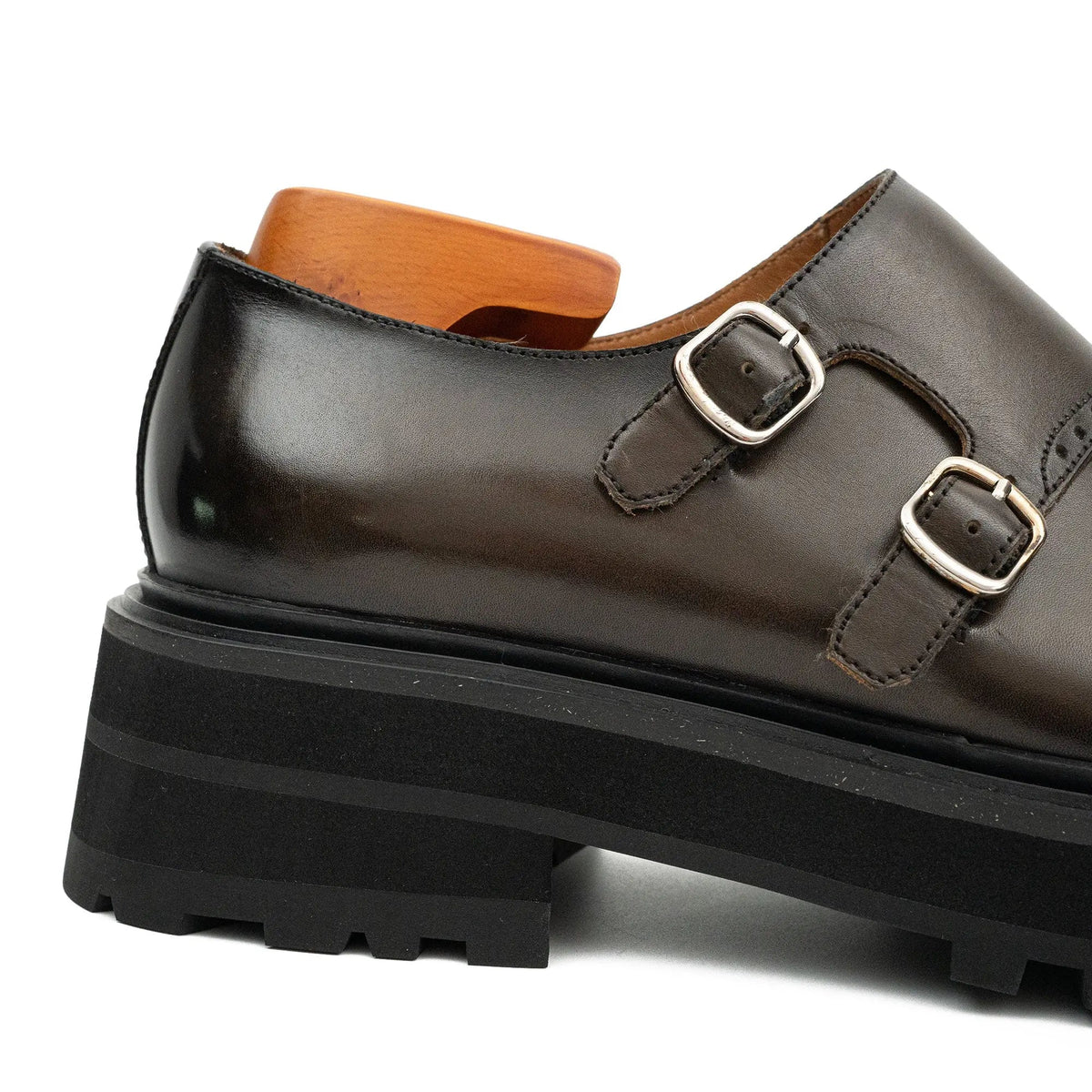 Dark Brown Lug Sole Double Buckle Monk Shoe