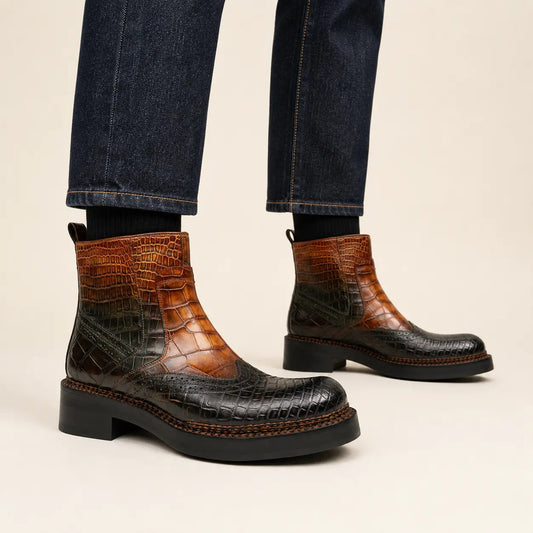 Two-Tone Textured Side-Zip Ankle Boot