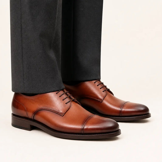 Orange-Brown Cap-Toe Derby Shoes with Polished Finish