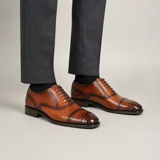 Orange-Brown Cap-Toe Oxford Shoes with Perforated Detail