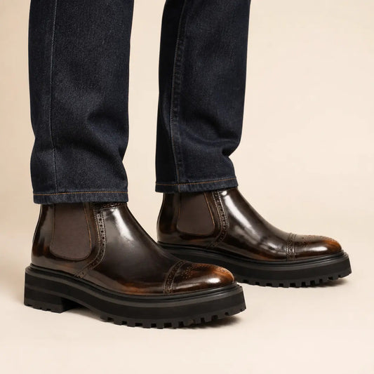 Brown Wingtip Chelsea Boot with Golden Toe Shading