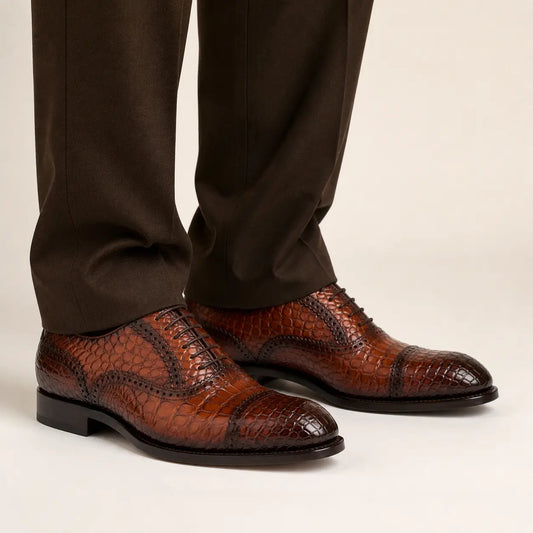 Reddish Brown Cap-Toe Oxford Shoes with Perforated Detail
