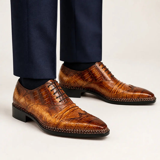 Golden Brown Square-Toe Oxford Shoes with Scale-Pattern Texture