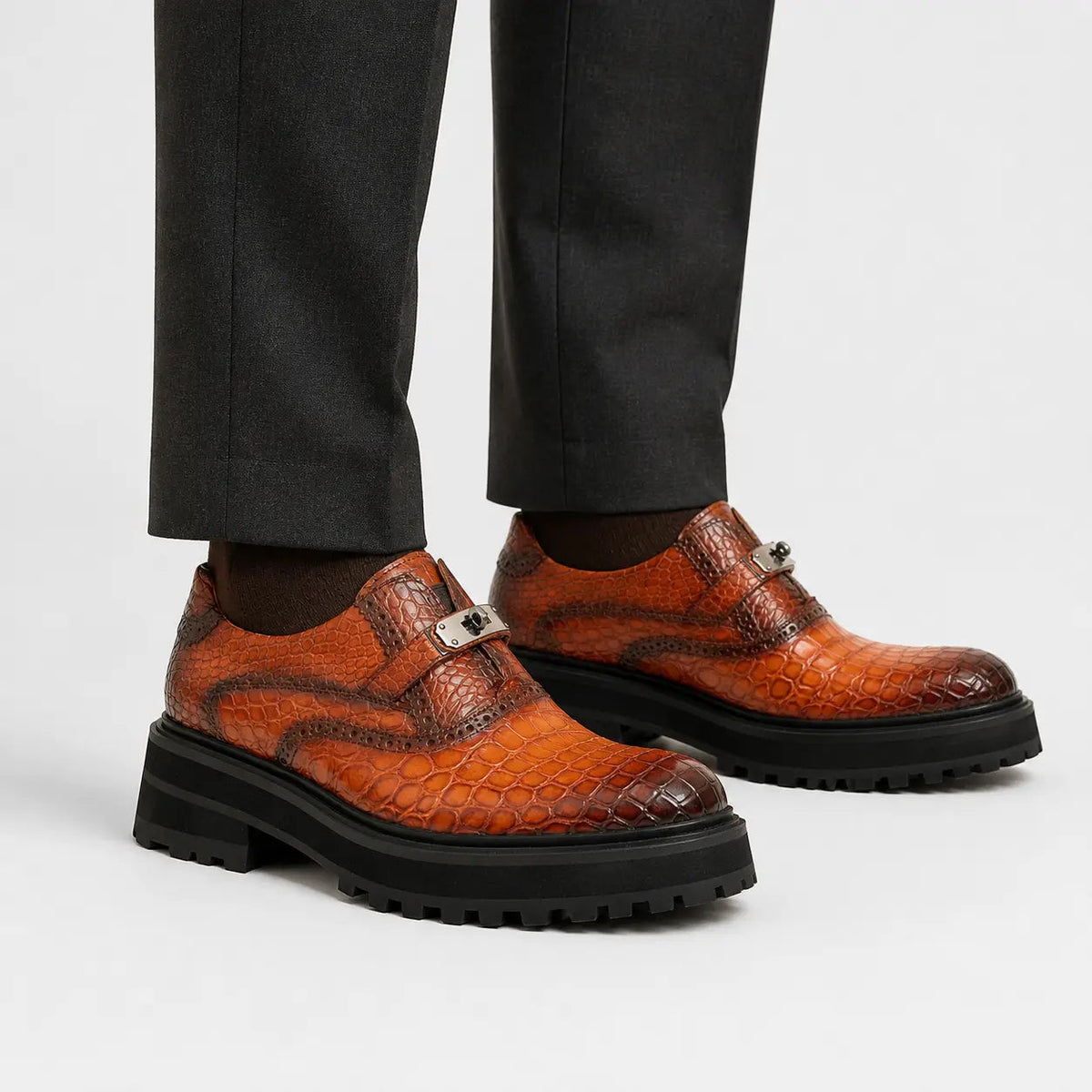 Orange-Brown Textured Lug Sole Single Buckle Monk Shoe