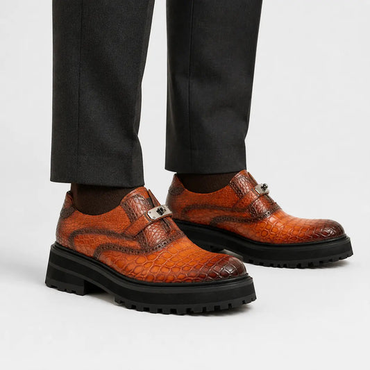 Orange-Brown Textured Lug Sole Single Buckle Monk Shoe