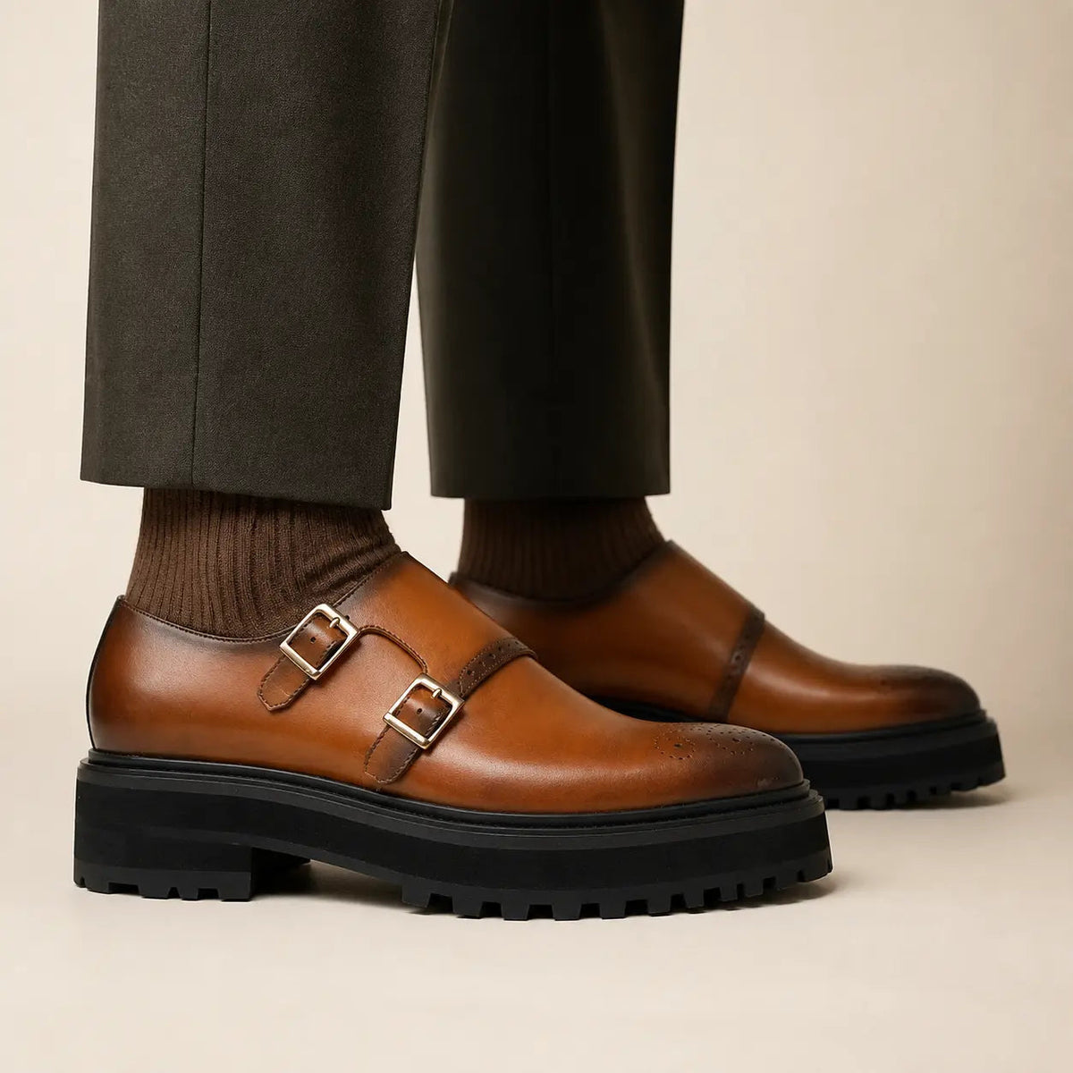 Cognac Brown Double Monk Shoe with Dark Toe
