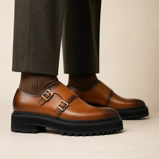 Cognac Brown Double Monk Shoe with Dark Toe
