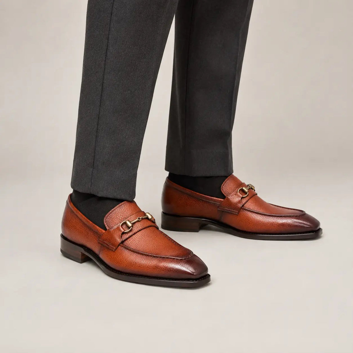 Brown Apron-Toe Loafers with Pebbled Texture
