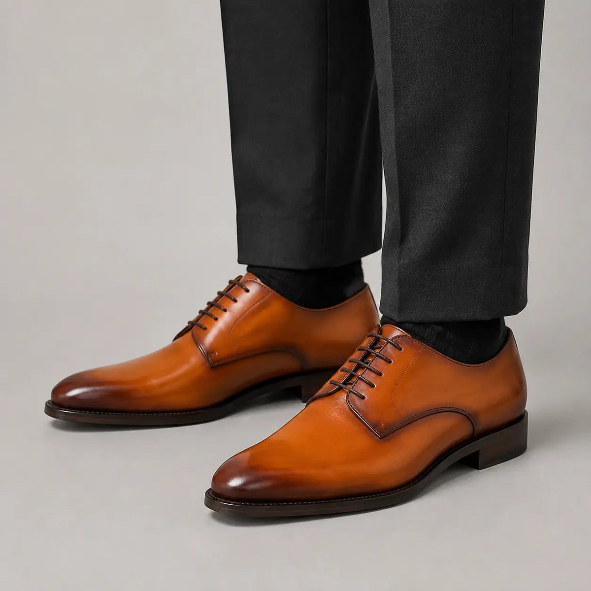 Orange-Brown Square-Toe Derby Shoes with Polished Finish