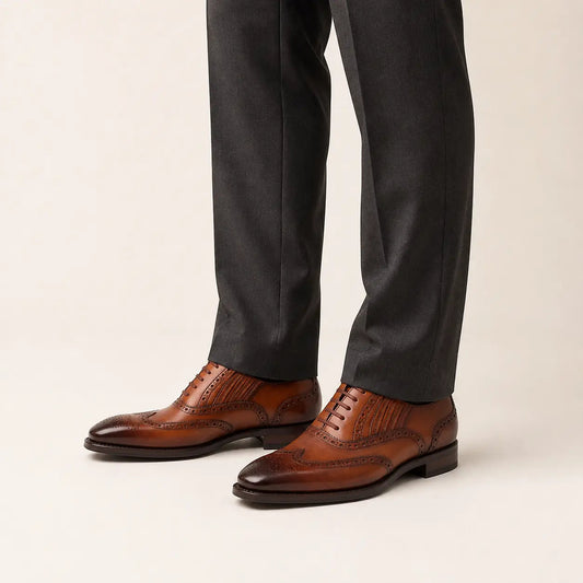 Brown Square-Wingtip Oxford Shoes with Ribbed Sides