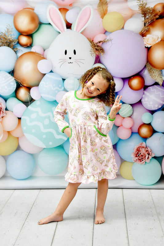 Bunny Flower Crown Long Sleeve Pocket Milk Silk Dress
