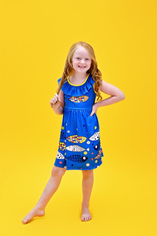 Abstract Fish Ruffle Milk Silk Tank Dress