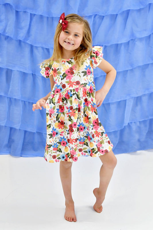 White Floral Long Flutter Milk Silk Dress