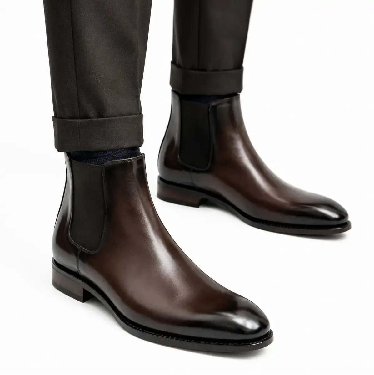 Dark Brown Plain-Toe Chelsea Boots with Pull Tab