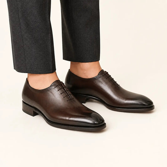 Dark Brown Plain-Toe Oxford Shoes with Polished Finish
