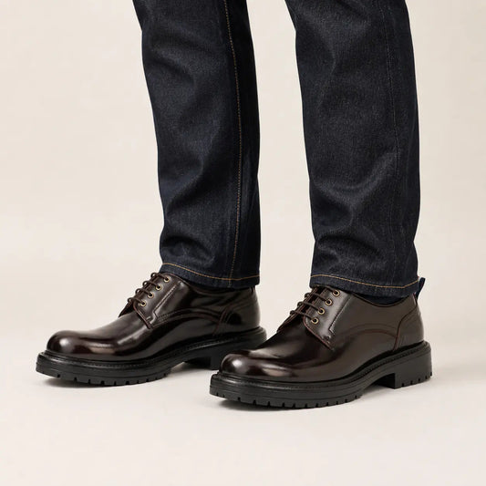 Very Dark Reddish Brown Plain-Toe Derby Shoes with Pull Tab