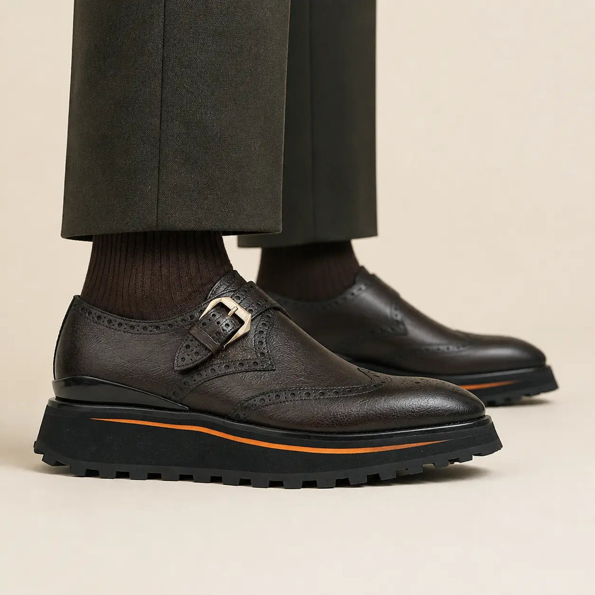 Dark Brown-Black Textured Wingtip Monk Shoe