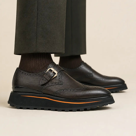 Dark Brown-Black Textured Wingtip Monk Shoe