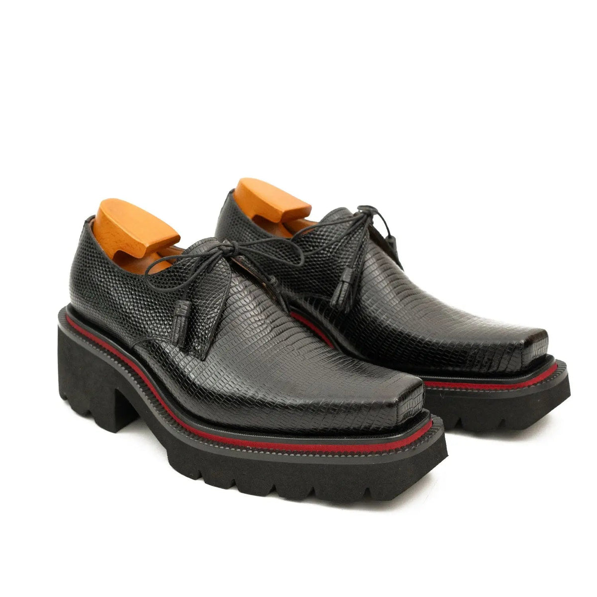 Black Pebbled Calfskin Derby Shoes with Lace-End Tassels