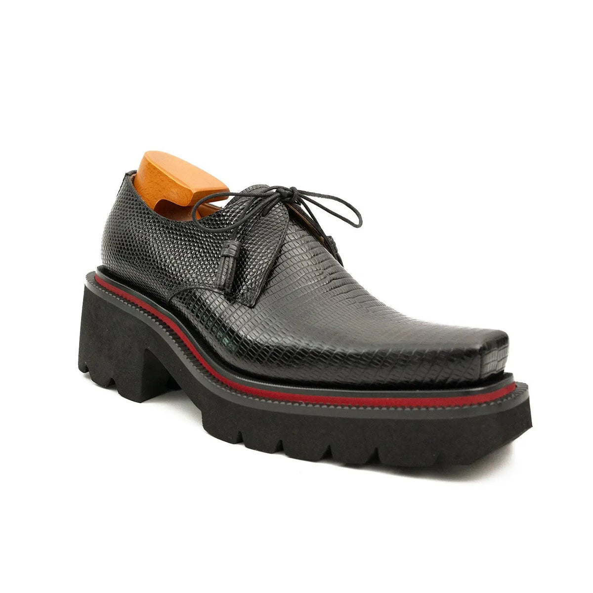 Black Pebbled Calfskin Derby Shoes with Lace-End Tassels