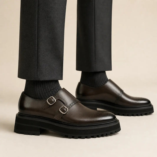 Dark Brown Lug Sole Double Buckle Monk Shoe