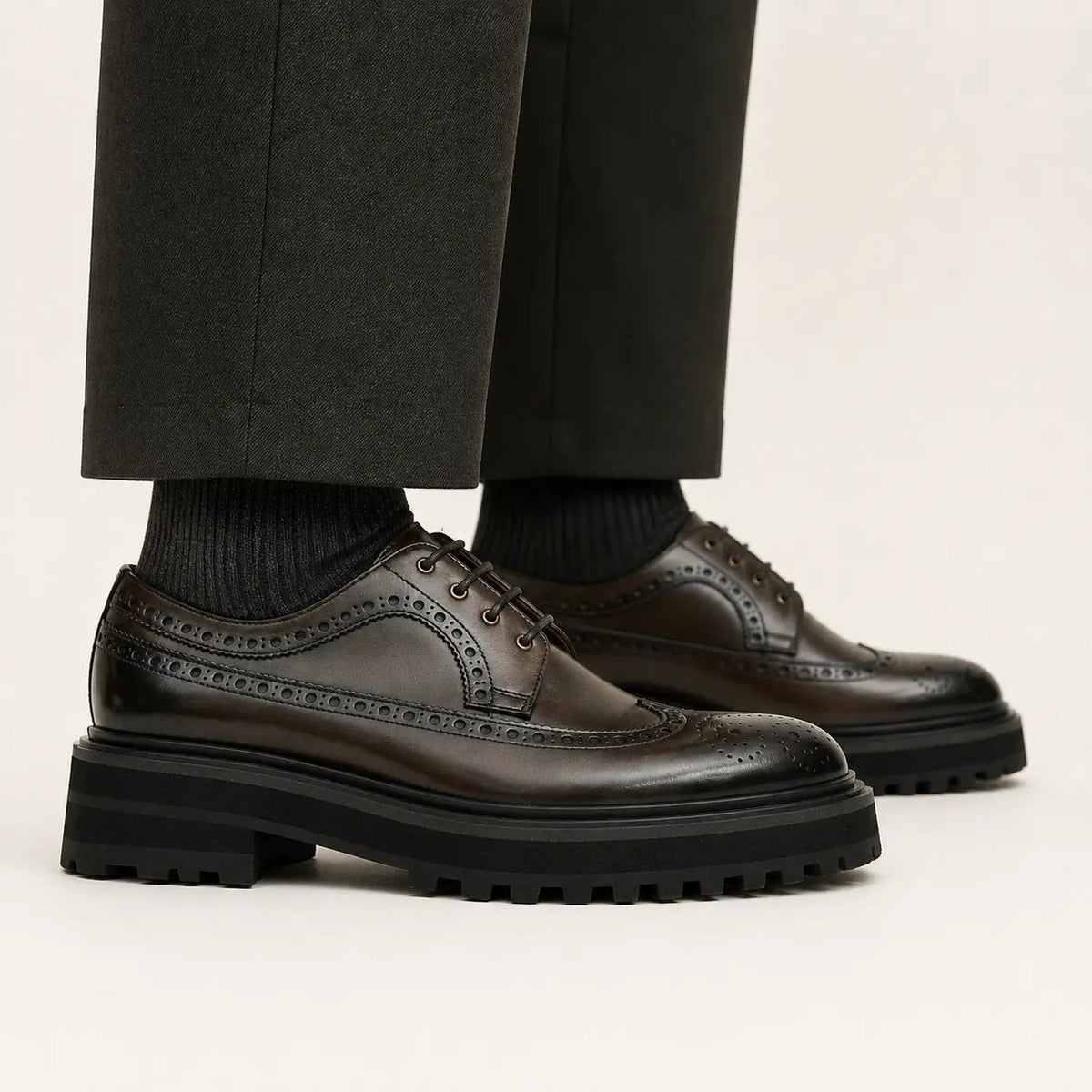 Dark Brown Lug Sole Wingtip Derby Shoe