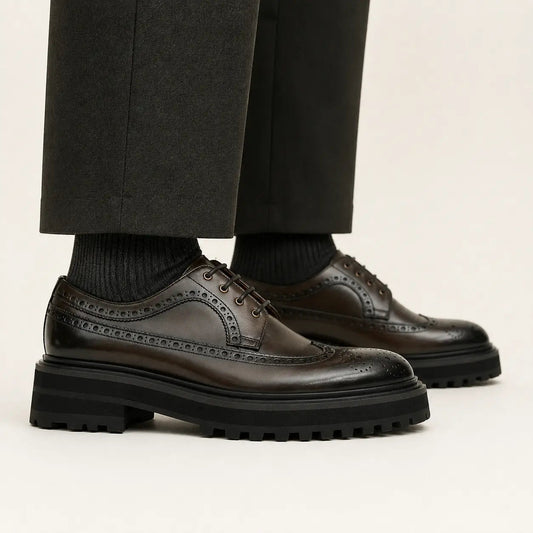 Dark Brown Lug Sole Wingtip Derby Shoe