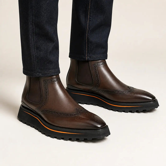 Brown Wingtip Chelsea Boots with Brown-Edge Lug Sole