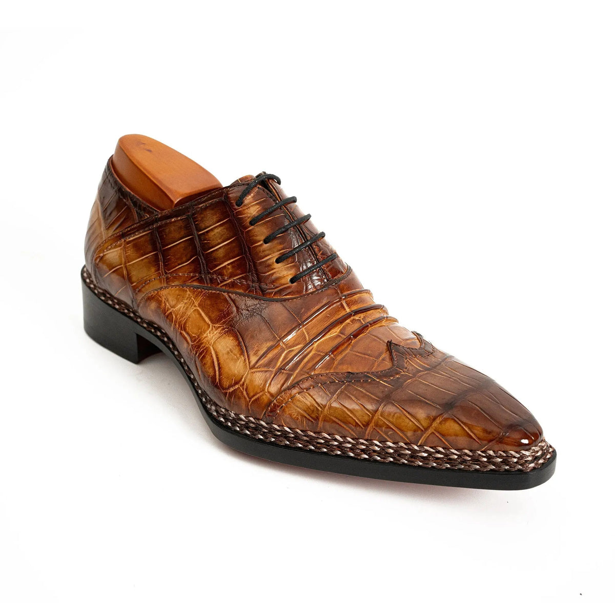 Golden Brown Square-Toe Oxford Shoes with Scale-Pattern Texture