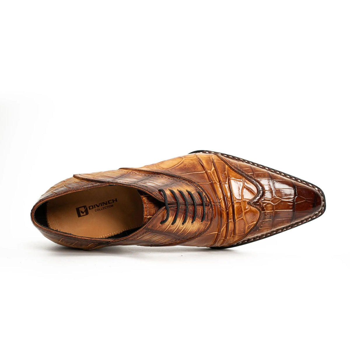Golden Brown Square-Toe Oxford Shoes with Scale-Pattern Texture