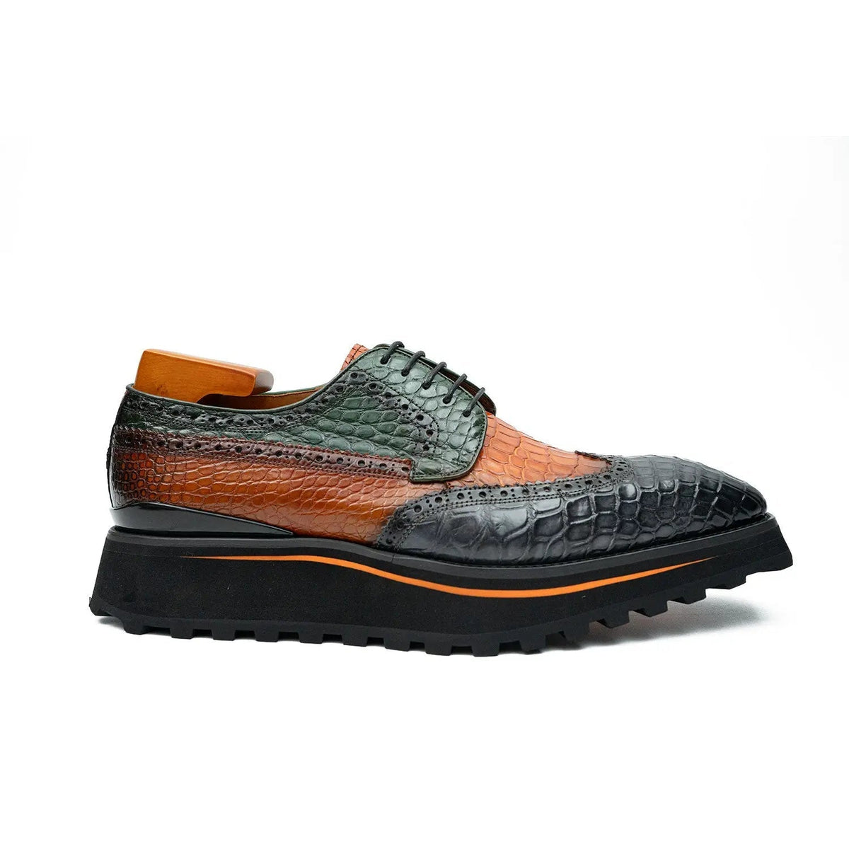Multicolor Leather Wingtip Derby Shoes with Scale Texture