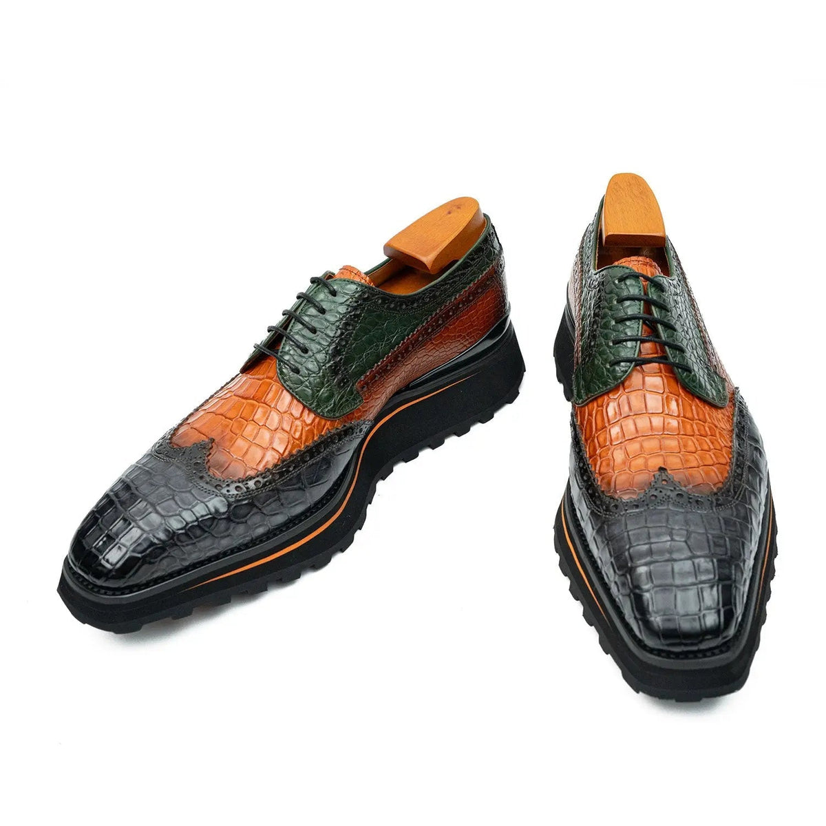 Multicolor Leather Wingtip Derby Shoes with Scale Texture