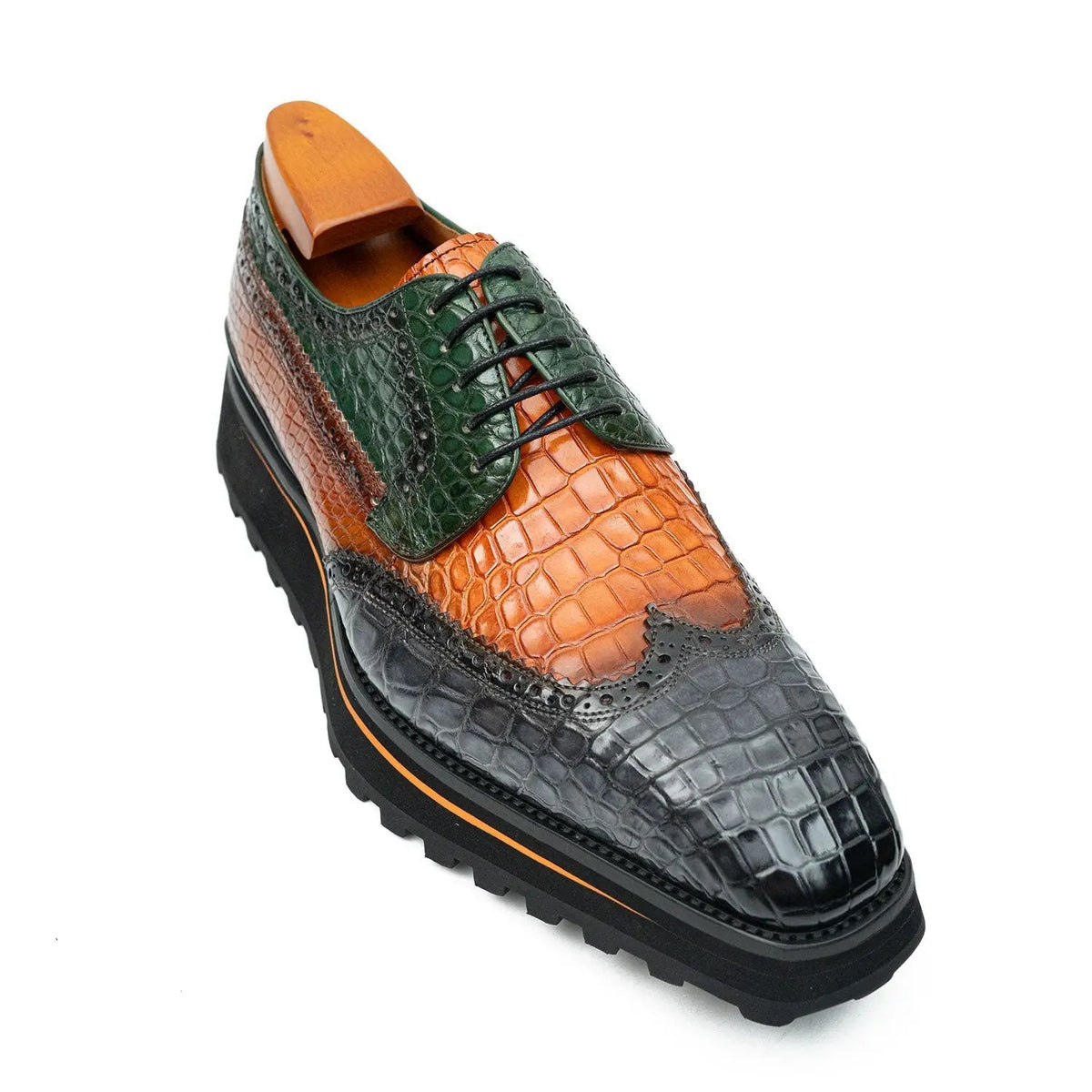 Multicolor Leather Wingtip Derby Shoes with Scale Texture