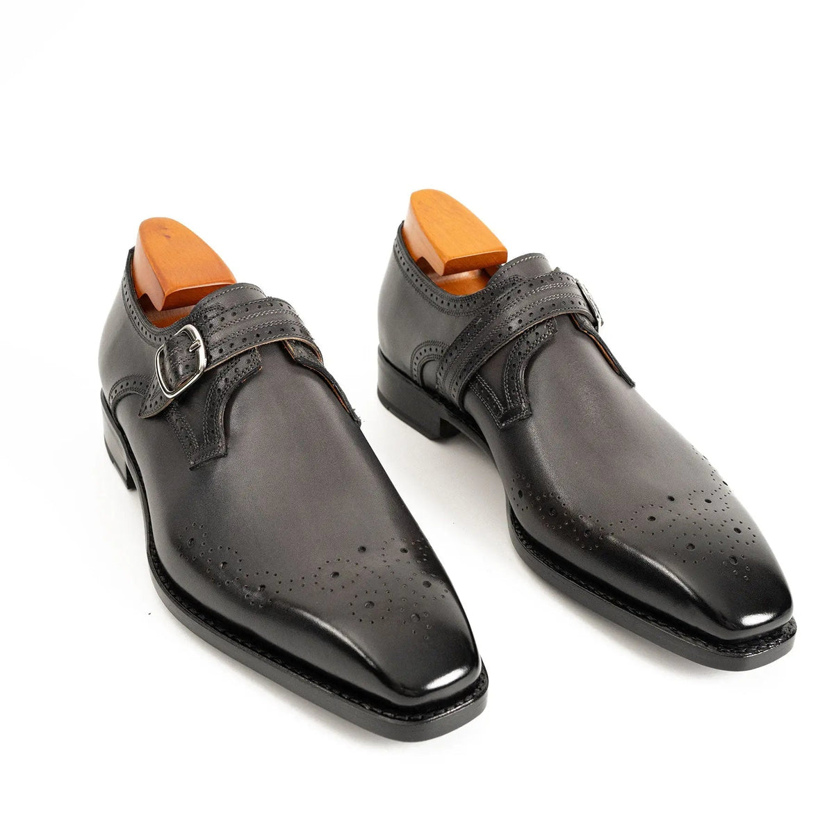 Dark Gray-Black Single Monk Strap Shoes with Toe Medallion