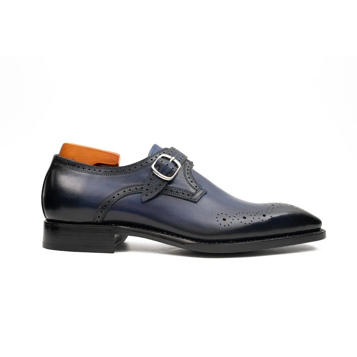 Dark Blue Single Monk Shoes with Perforated Toe Detail