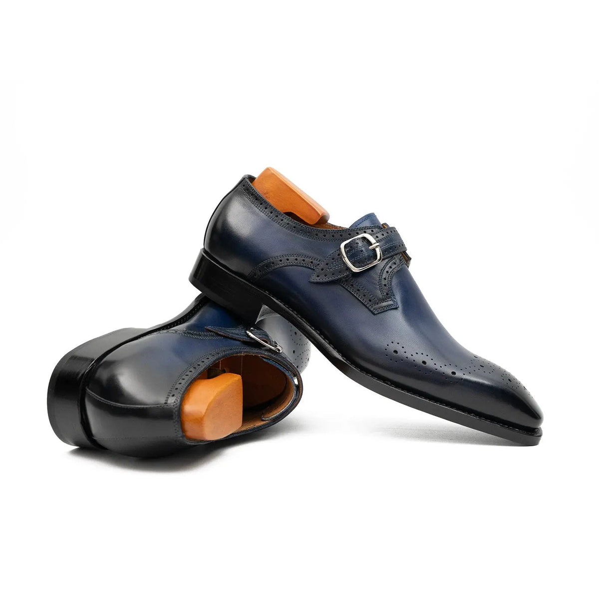 Dark Blue Single Monk Shoes with Perforated Toe Detail