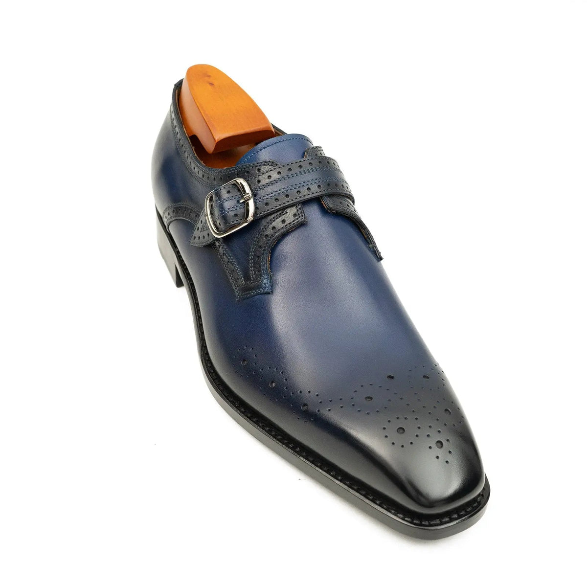 Dark Blue Single Monk Shoes with Perforated Toe Detail
