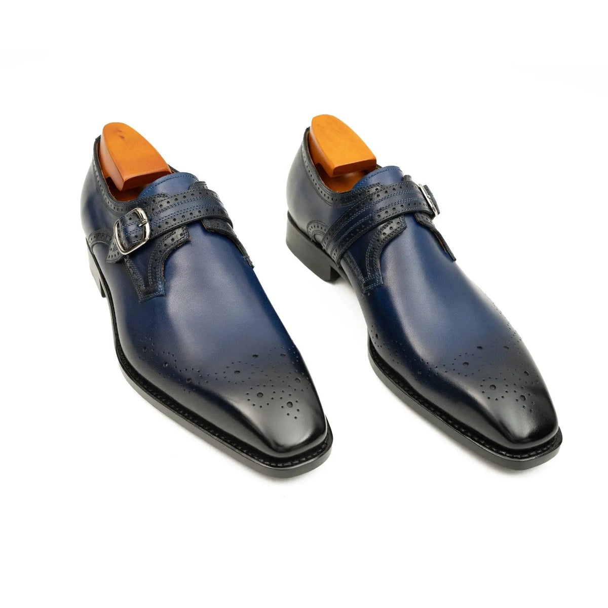Dark Blue Single Monk Shoes with Perforated Toe Detail