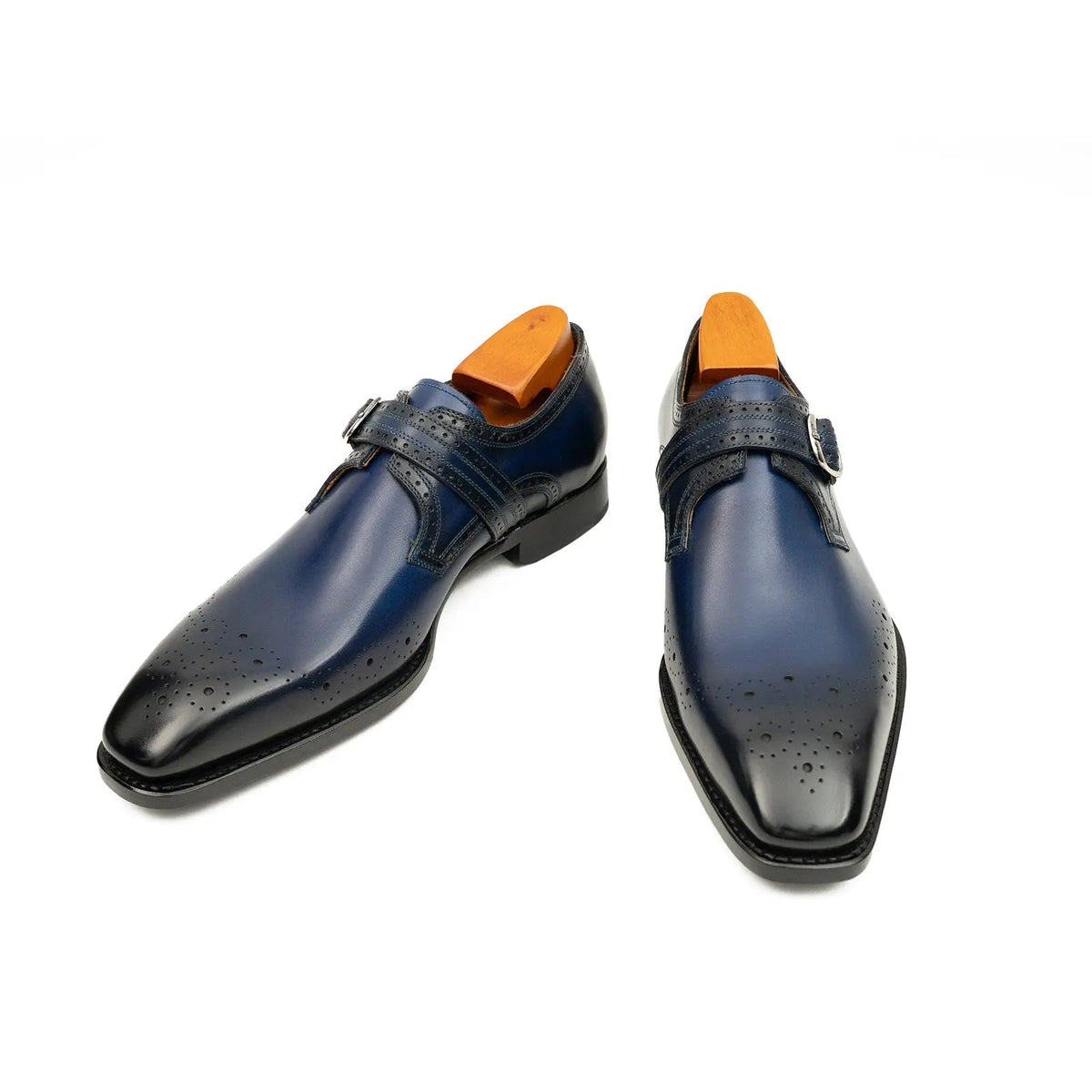 Dark Blue Single Monk Shoes with Perforated Toe Detail