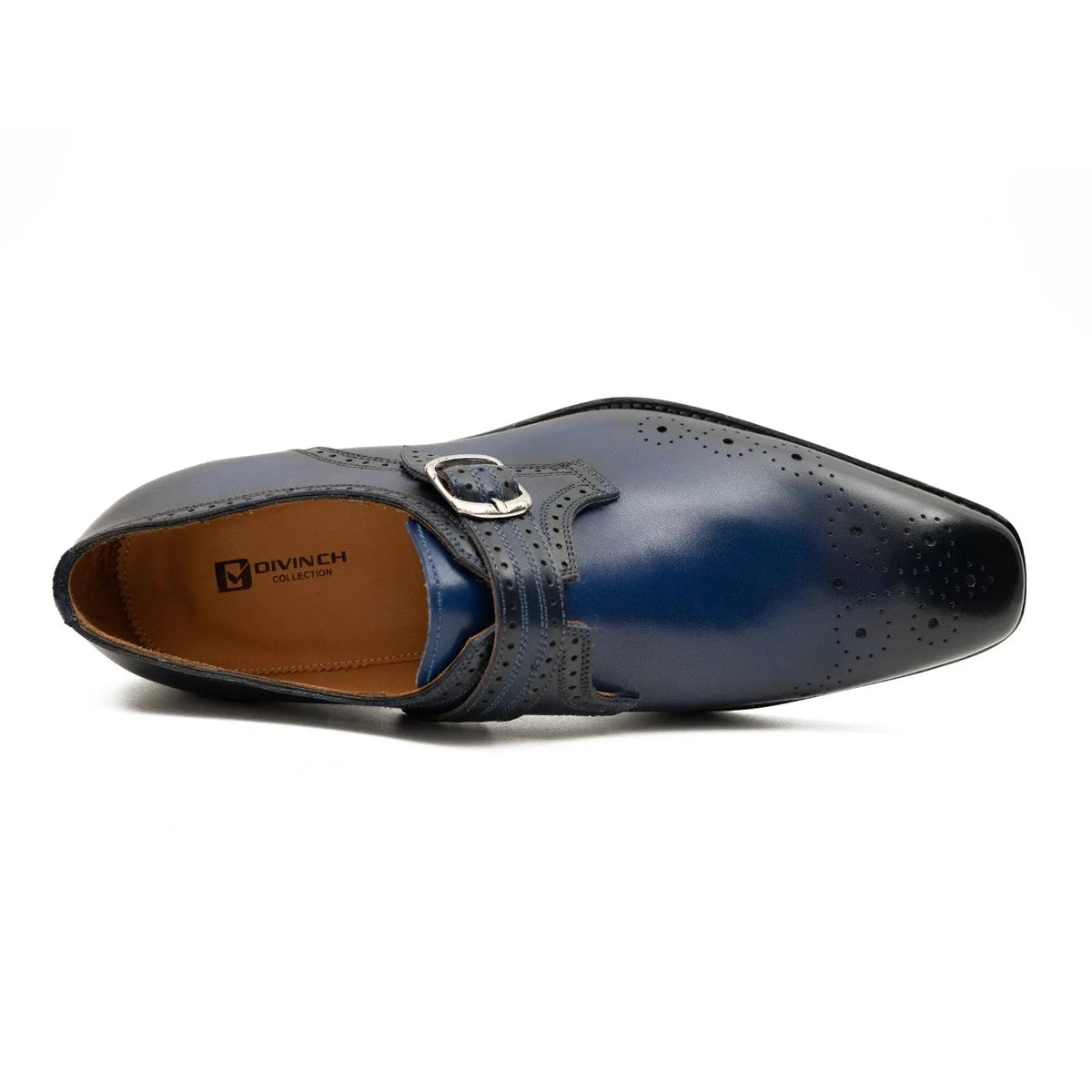 Dark Blue Single Monk Shoes with Perforated Toe Detail