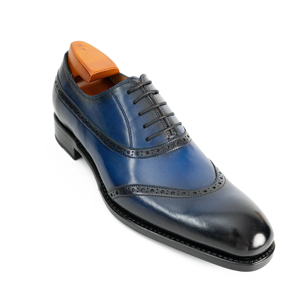 Blue Curved-Seam Oxford Shoes with Perforated Trim
