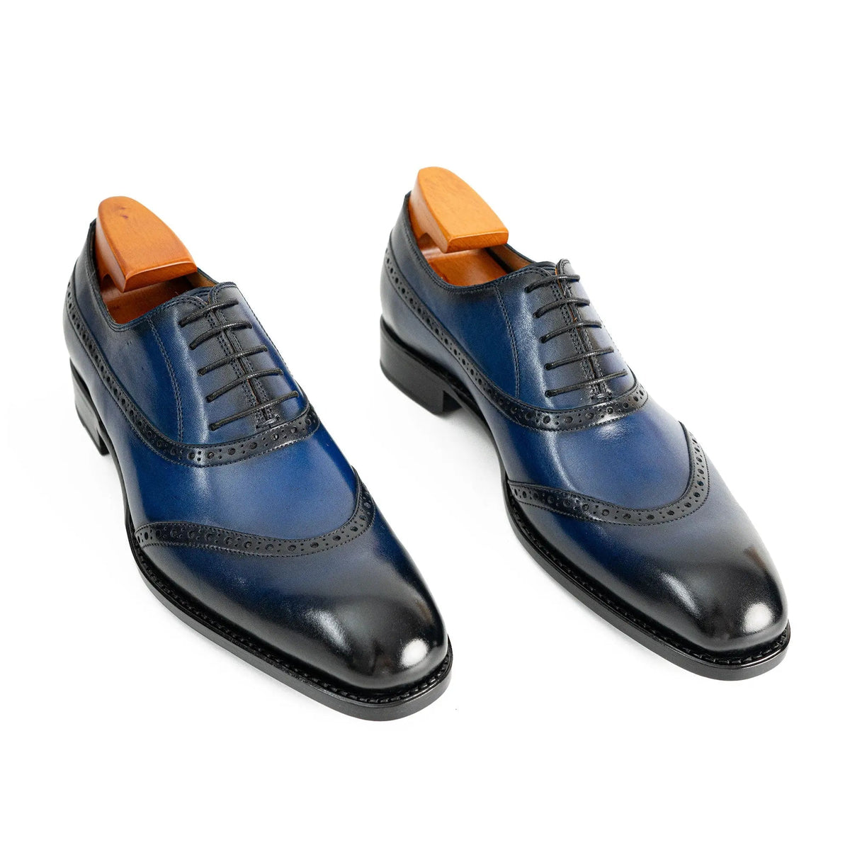 Blue Curved-Seam Oxford Shoes with Perforated Trim