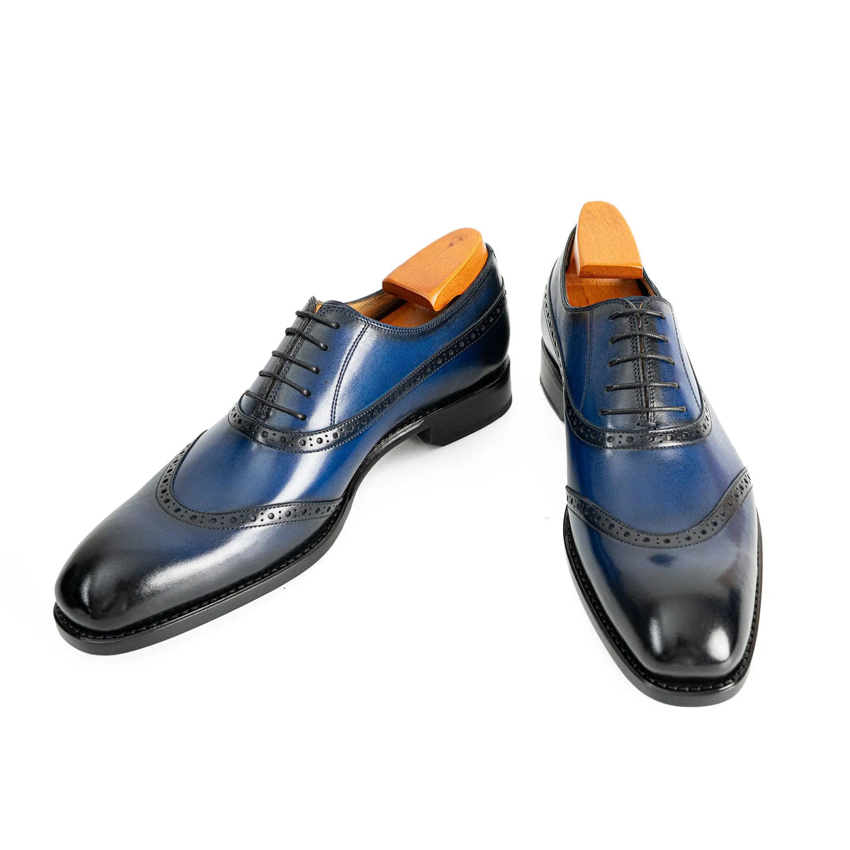 Blue Curved-Seam Oxford Shoes with Perforated Trim